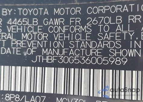 2003 Lexus Es 300 из США, поврежденный, VIN JTHBF30G536005989